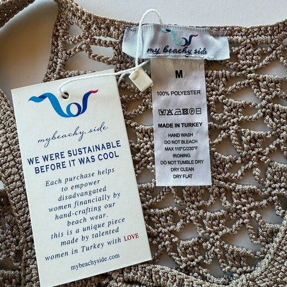 NWT My Beachy Side Macaron Hand Crochet Mini Dress Cover Up in Bronze Sz Medium - Picture 7 of 10